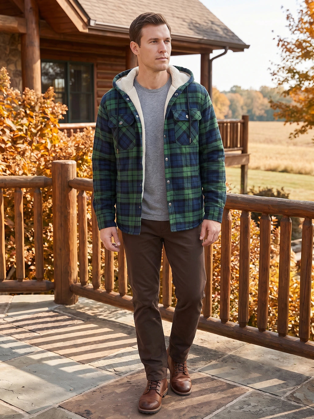 Model wearing a Green plaid Sherpa Lined Jacket with a hood on a wooden porch outside a cabin.