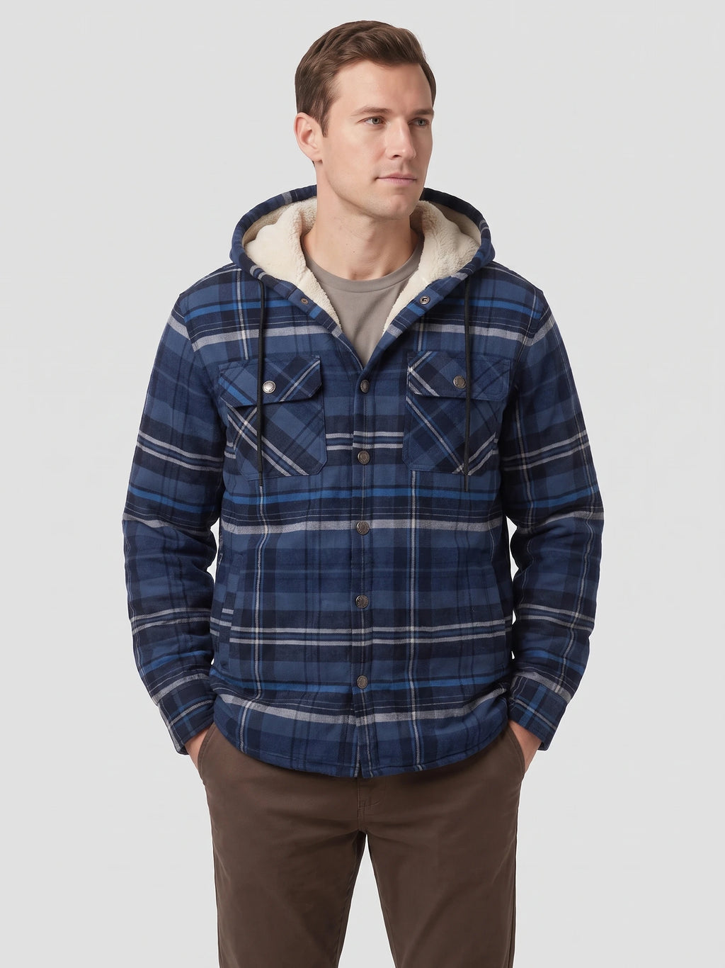 Model wearing a Navy plaid Sherpa Lined Jacket with a hood, snap-button front, and chest flap pockets in a front studio view.
