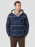 Model wearing a Navy plaid Sherpa Lined Jacket with a hood, snap-button front, and chest flap pockets in a front studio view.