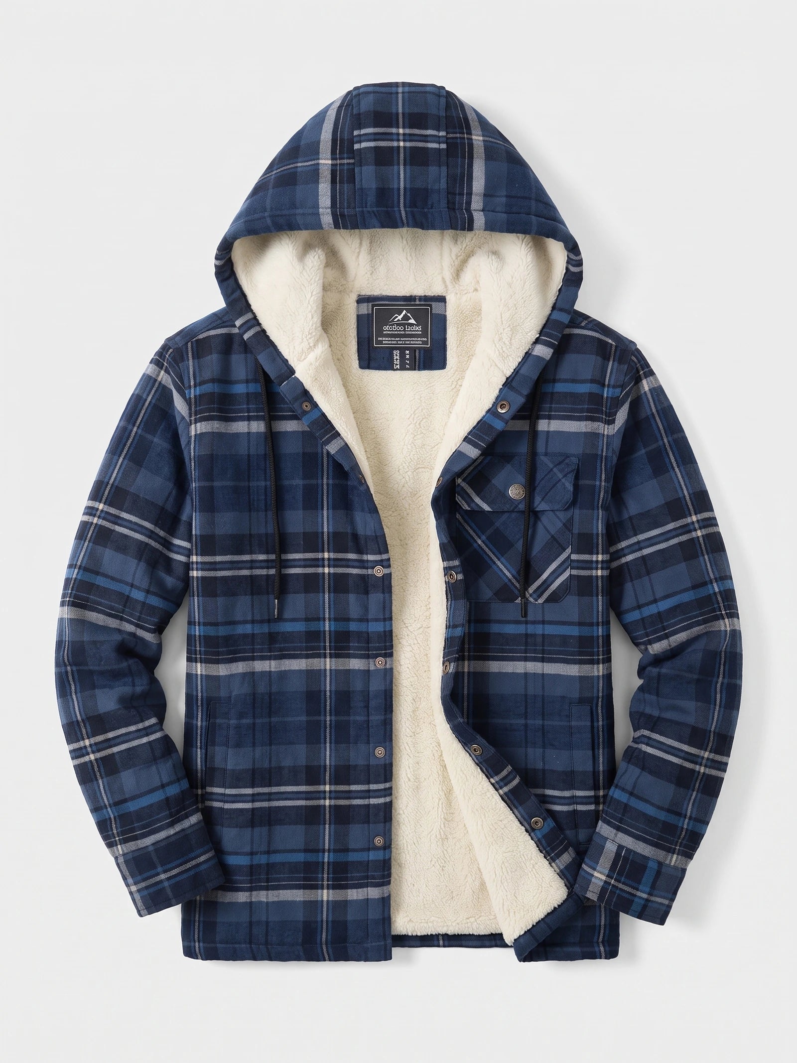 Navy Sherpa Lined Jacket laid flat with a hood, plaid exterior, snap-button front, and chest pocket.