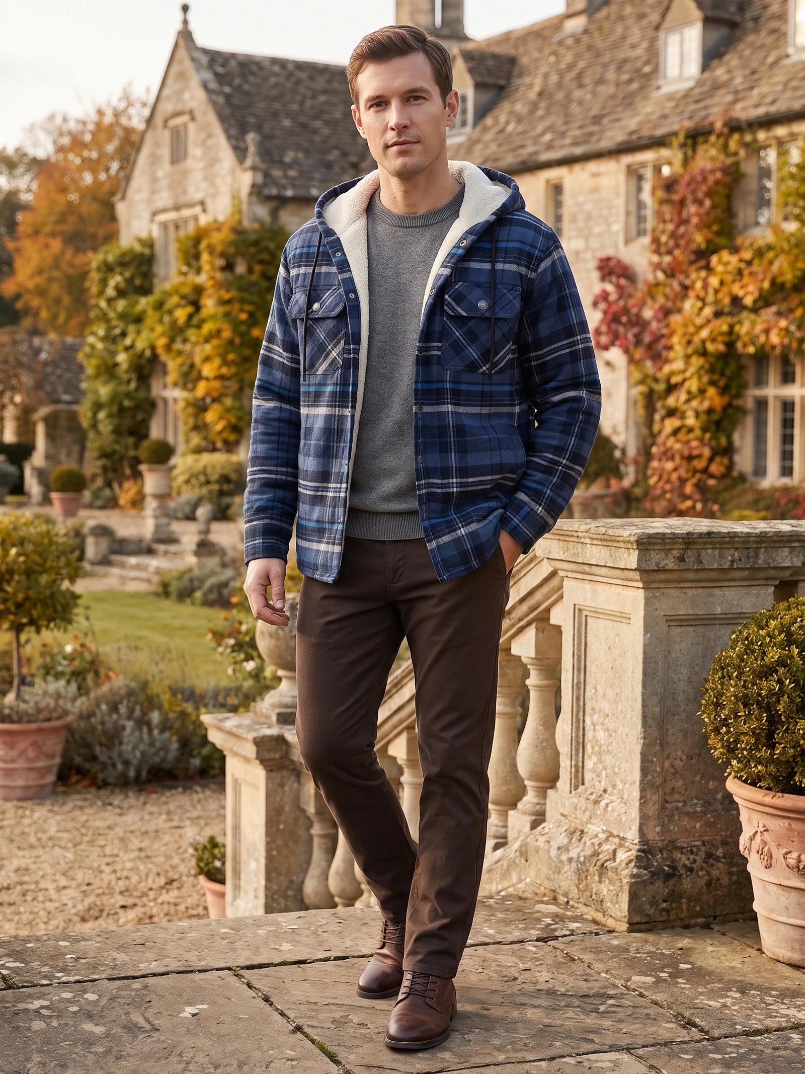 Model wearing a Navy Sherpa Lined Jacket with a hood and buttoned chest pockets while walking outside a stone house.