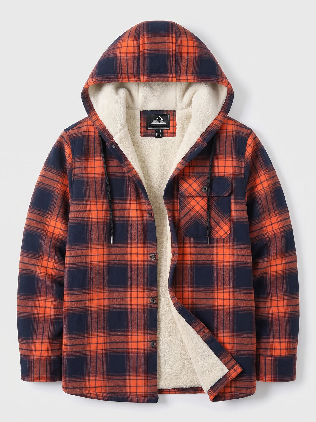 Orange plaid Sherpa Lined Jacket laid flat with an open hood, button front, drawstrings, and chest flap pocket.