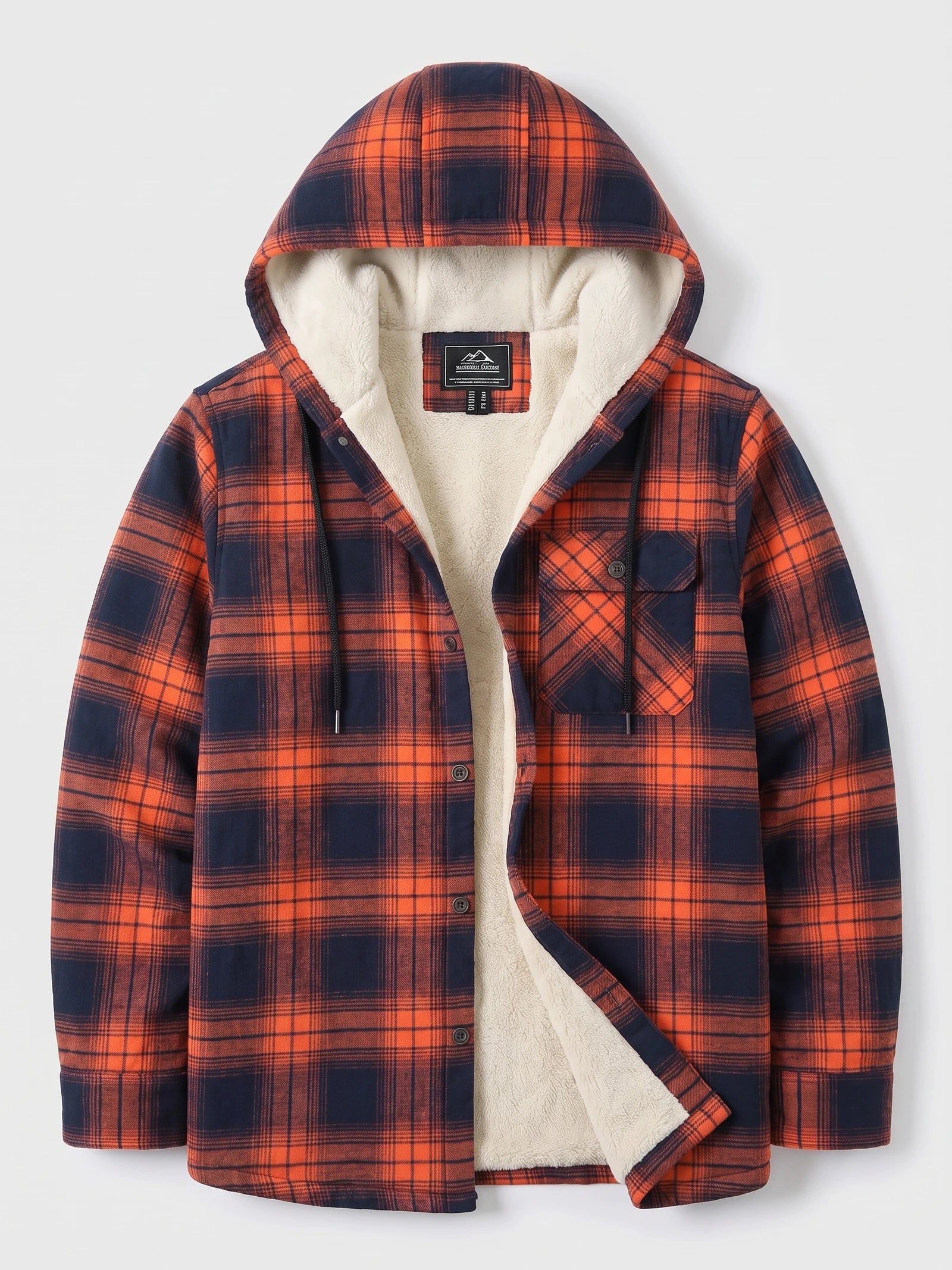 Orange plaid Sherpa Lined Jacket laid flat with an open hood, button front, drawstrings, and chest flap pocket.