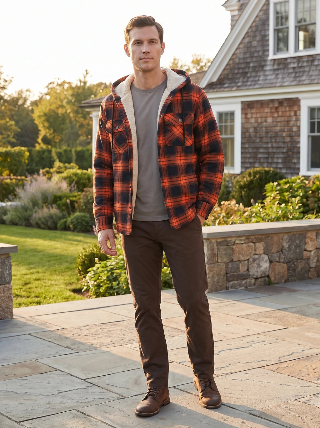 Model wearing an Orange Sherpa Lined Jacket with a hood and chest pockets while walking on a patio outside a home.