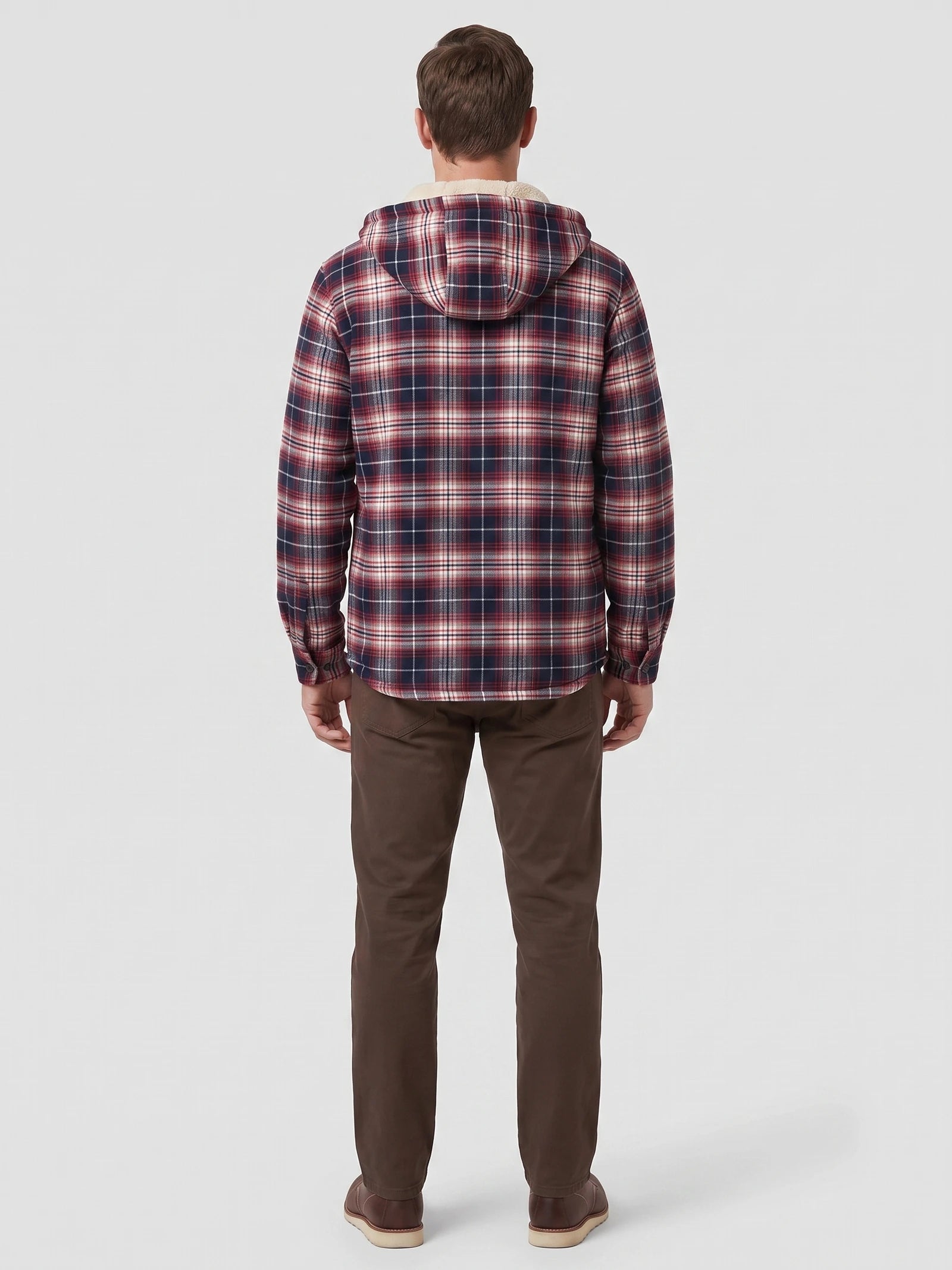 Rear studio view of a model wearing a Red plaid Sherpa Lined Jacket with a hood.
