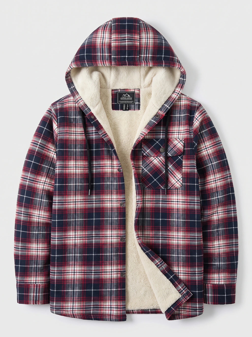 Red plaid Sherpa Lined Jacket laid flat, shown open with a hood, button front, chest pocket, and soft interior lining.