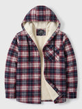 Red plaid Sherpa Lined Jacket laid flat, shown open with a hood, button front, chest pocket, and soft interior lining.