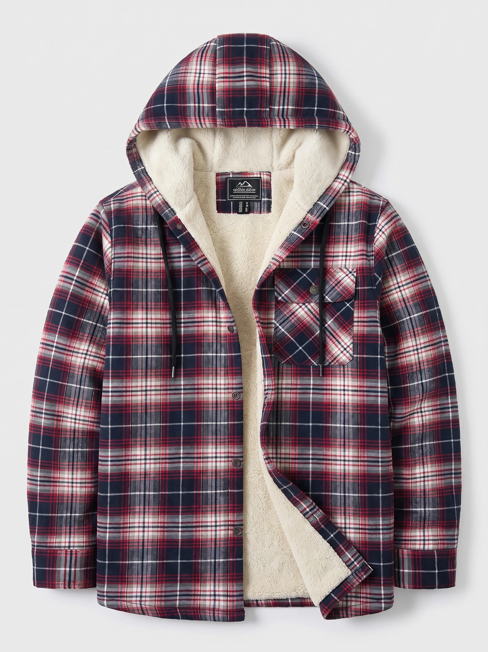 Red plaid Sherpa Lined Jacket laid flat, shown open with a hood, button front, chest pocket, and soft interior lining.