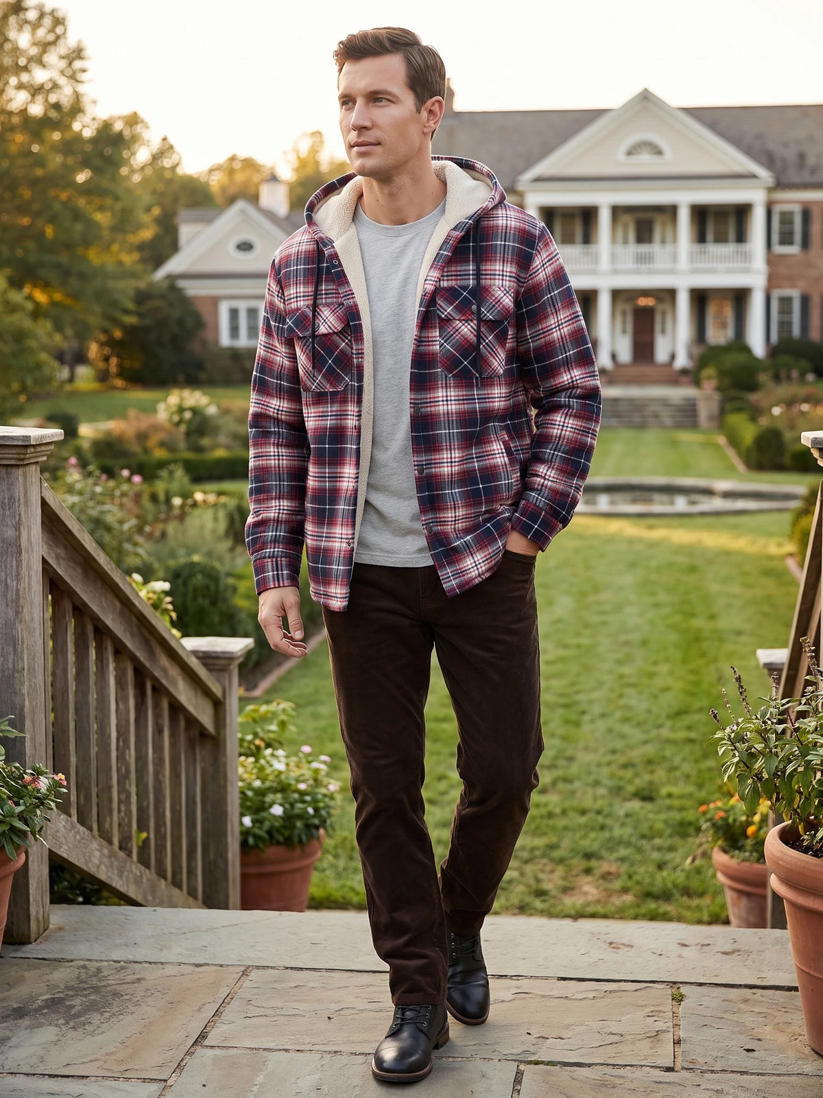 Man walking outdoors in a Red plaid Sherpa Lined Jacket with a hood and button-flap chest pockets.