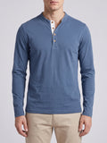 Front studio view of a model wearing a Blue Slim-Fit cotton long-sleeve Henley shirt with a button placket.