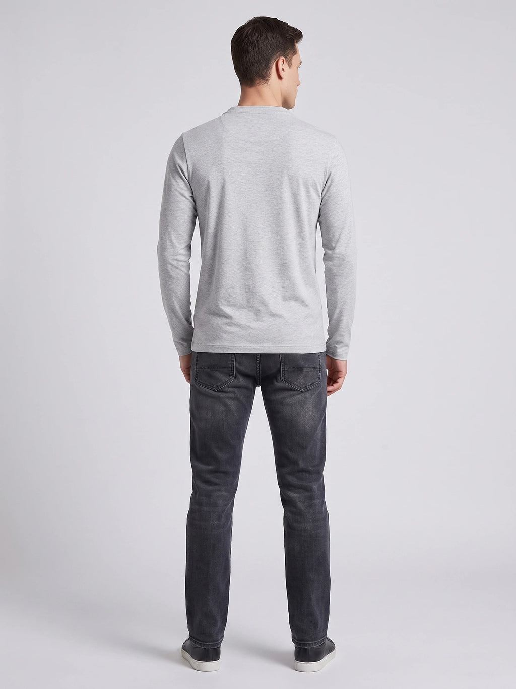 Rear studio view of a model wearing a Gray Slim-Fit cotton long-sleeve Henley shirt.