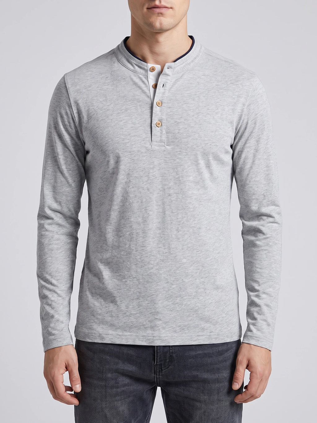 Front studio view of a model wearing a Gray Slim-Fit cotton long-sleeve Henley shirt with a button placket.