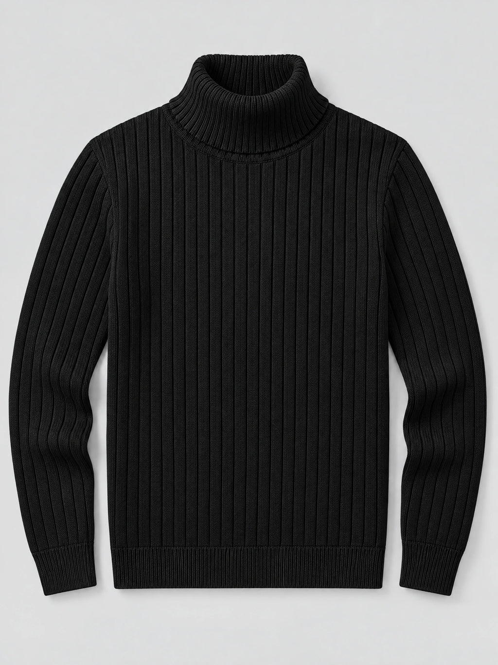 Black slim fit pullover sweater laid flat, featuring a ribbed turtleneck, vertical knit texture, and long sleeves.