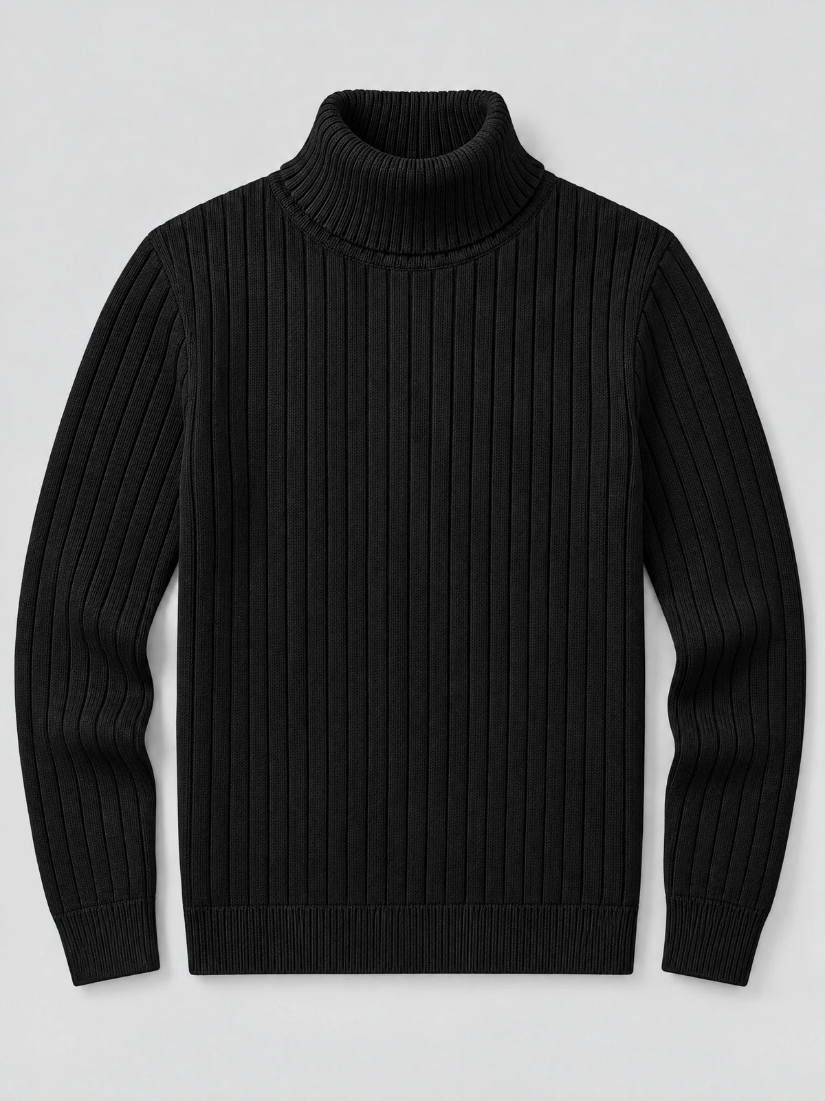 Black slim fit pullover sweater laid flat, featuring a ribbed turtleneck, vertical knit texture, and long sleeves.
