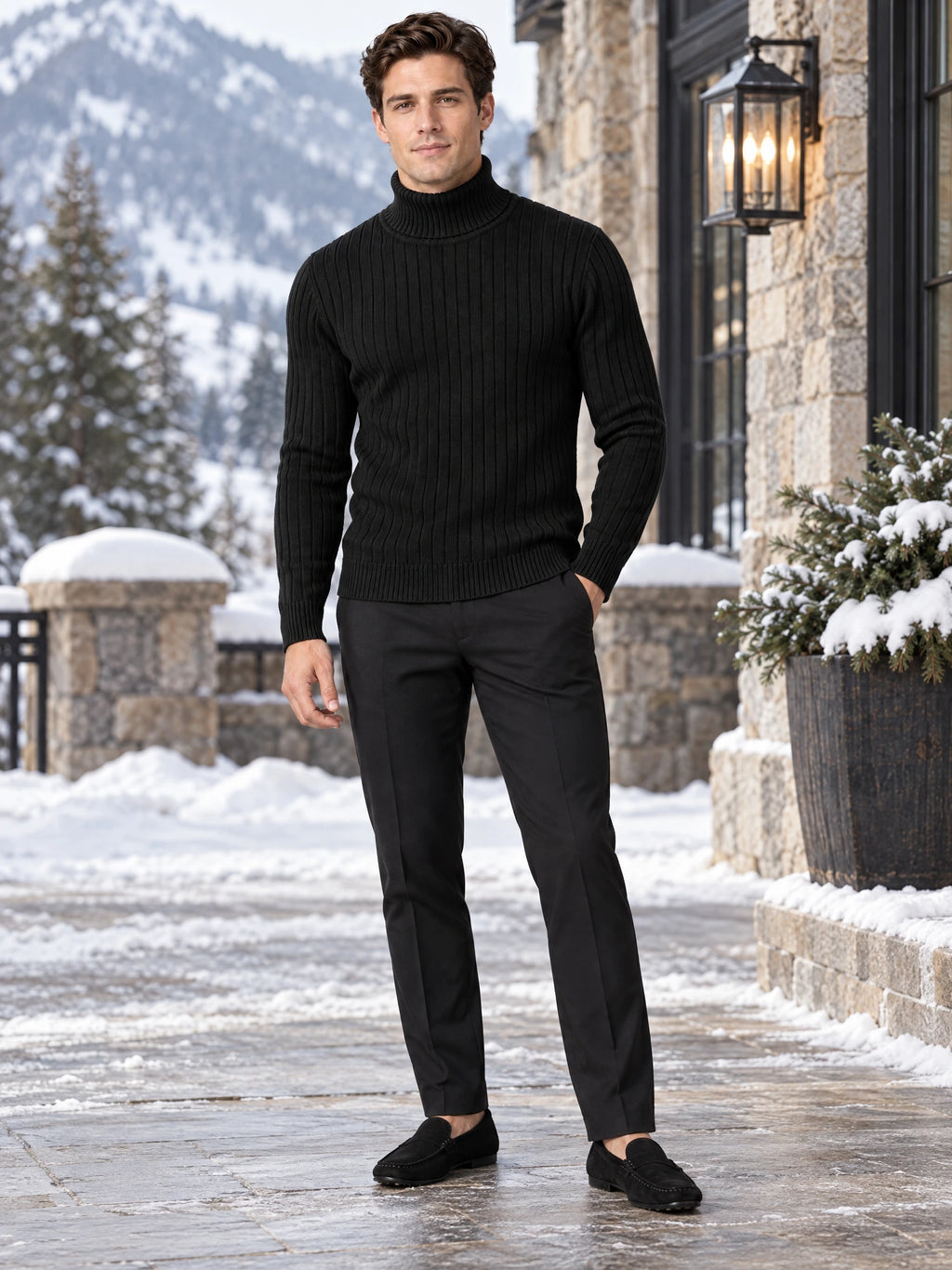 Model wearing a Black slim fit pullover sweater with a ribbed turtleneck on a snowy stone patio.