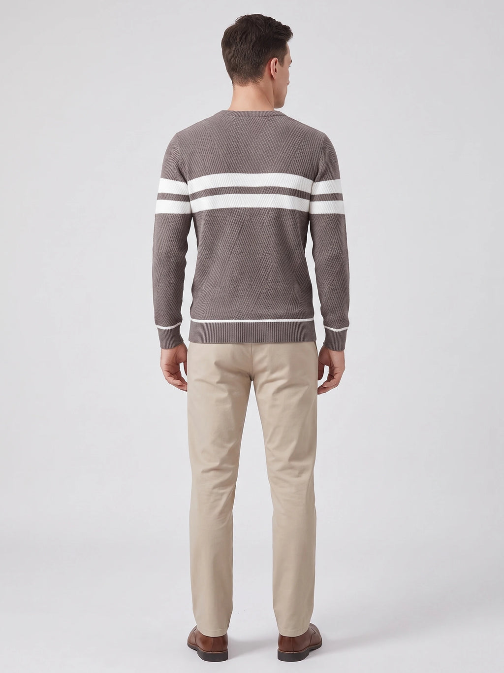 Rear studio view of a model wearing a Brown slim cotton crew neck sweater with textured knit panels and horizontal chest stripes.
