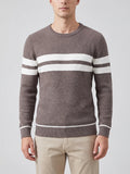 Front studio view of a model wearing a Brown slim cotton crew neck sweater with textured knit and contrasting chest stripes.