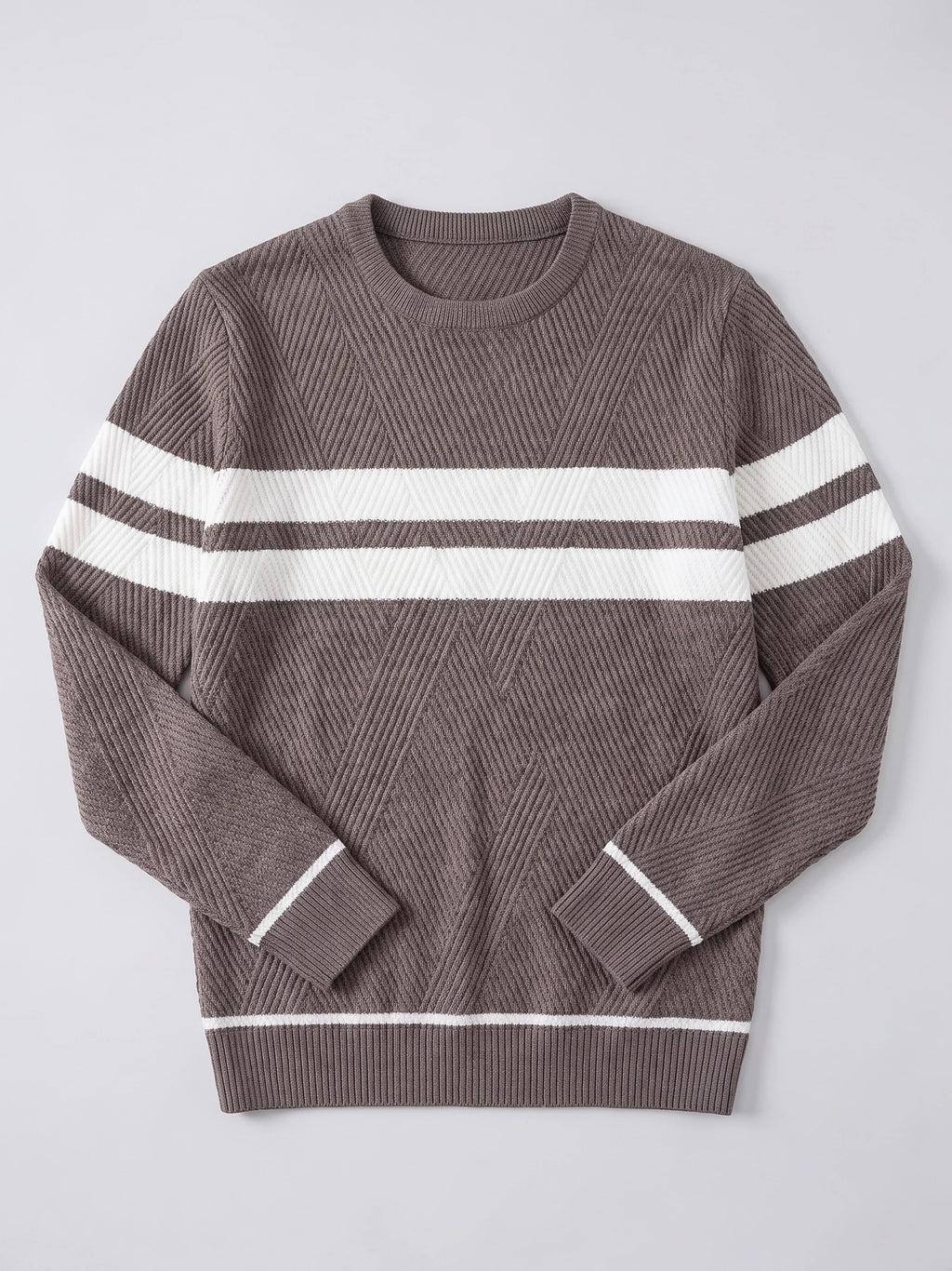 Brown men's Slim Sweater laid flat, featuring a ribbed crew neck, textured knit, and contrasting horizontal chest stripes.