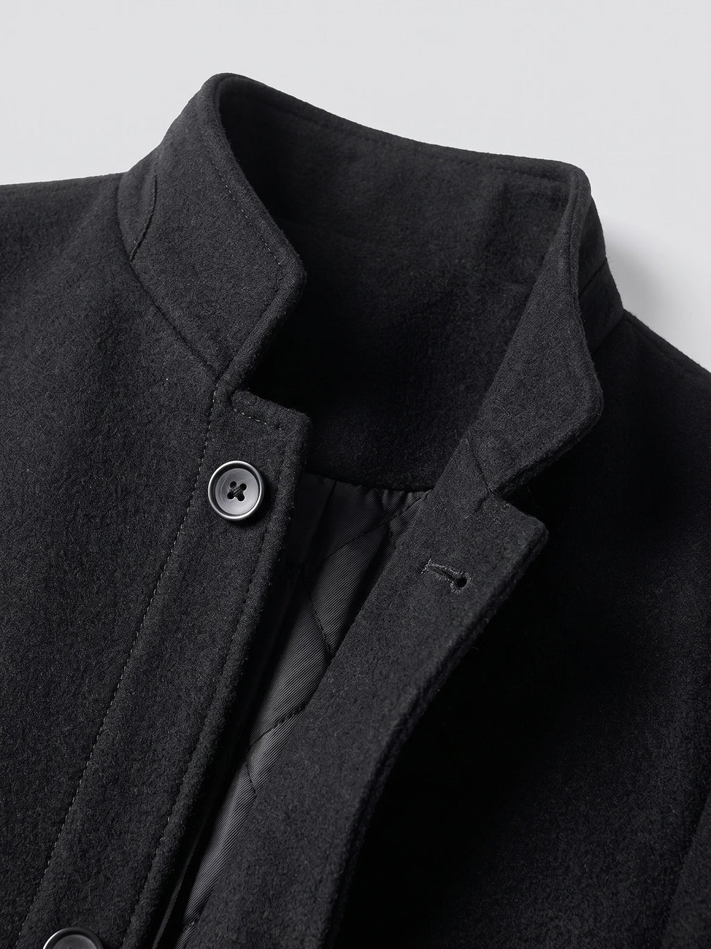 Close-up of the Black wool overcoat’s stand collar, buttoned front placket, and textured fabric.