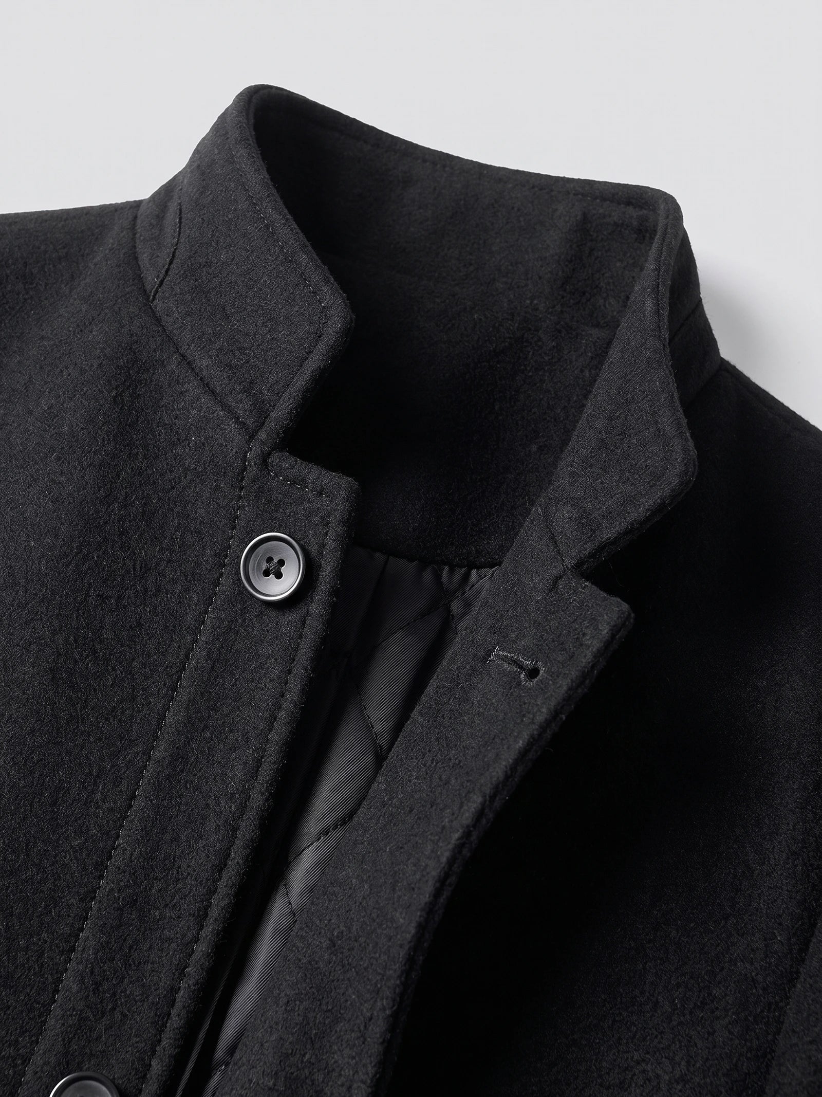 Close-up of the Black wool overcoat’s stand collar, buttoned front placket, and textured fabric.