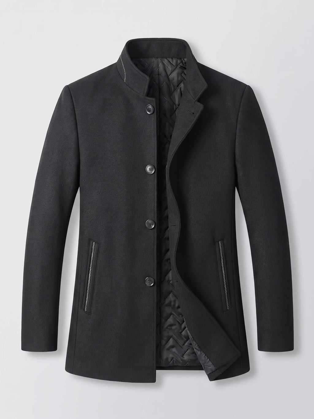 Black wool overcoat laid flat with a stand collar, button front, zippered pockets, and quilted lining.