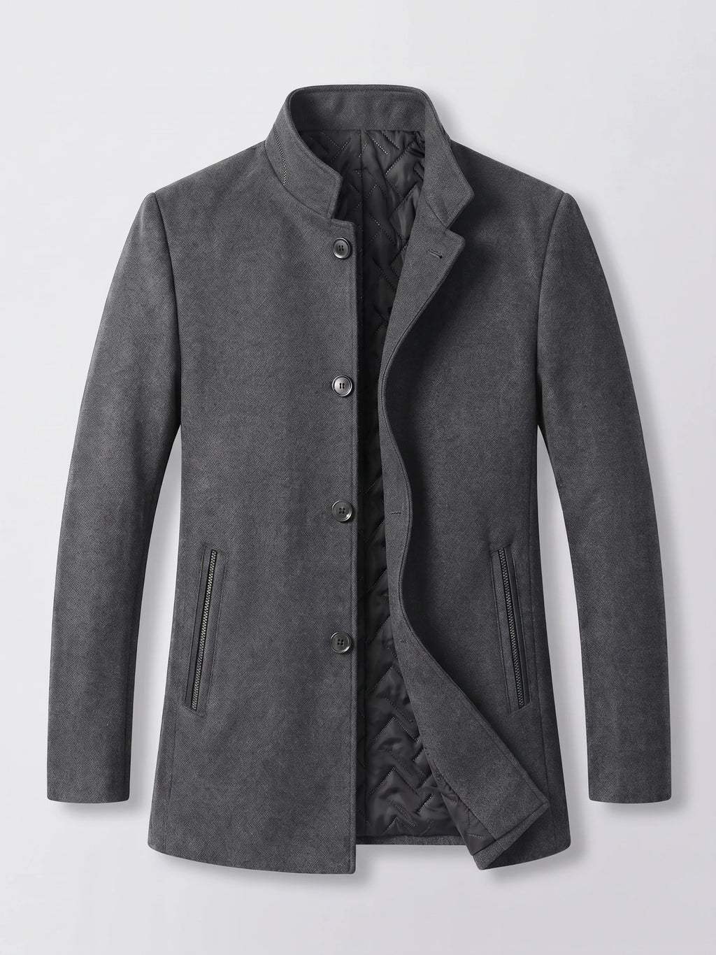 Gray wool men's overcoat laid flat with a stand collar, button front, zip pockets, and quilted lining.