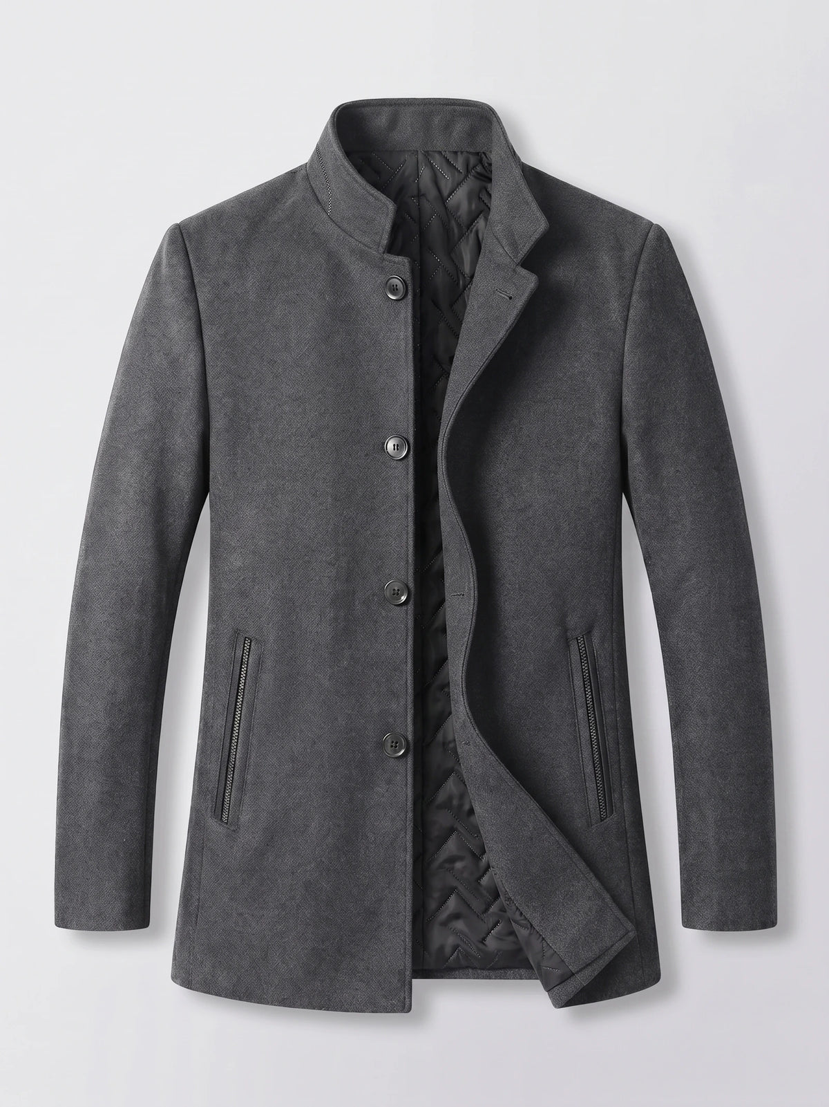 Gray wool men's overcoat laid flat with a stand collar, button front, zip pockets, and quilted lining.