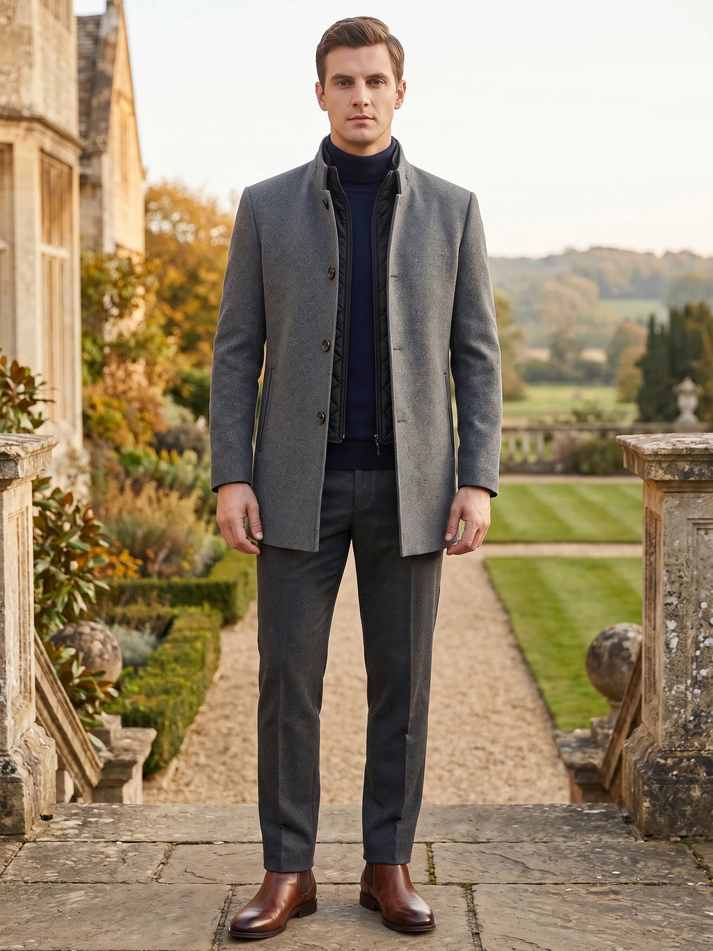 Model wearing a Gray wool overcoat with a stand collar on a stone terrace overlooking a landscaped garden.