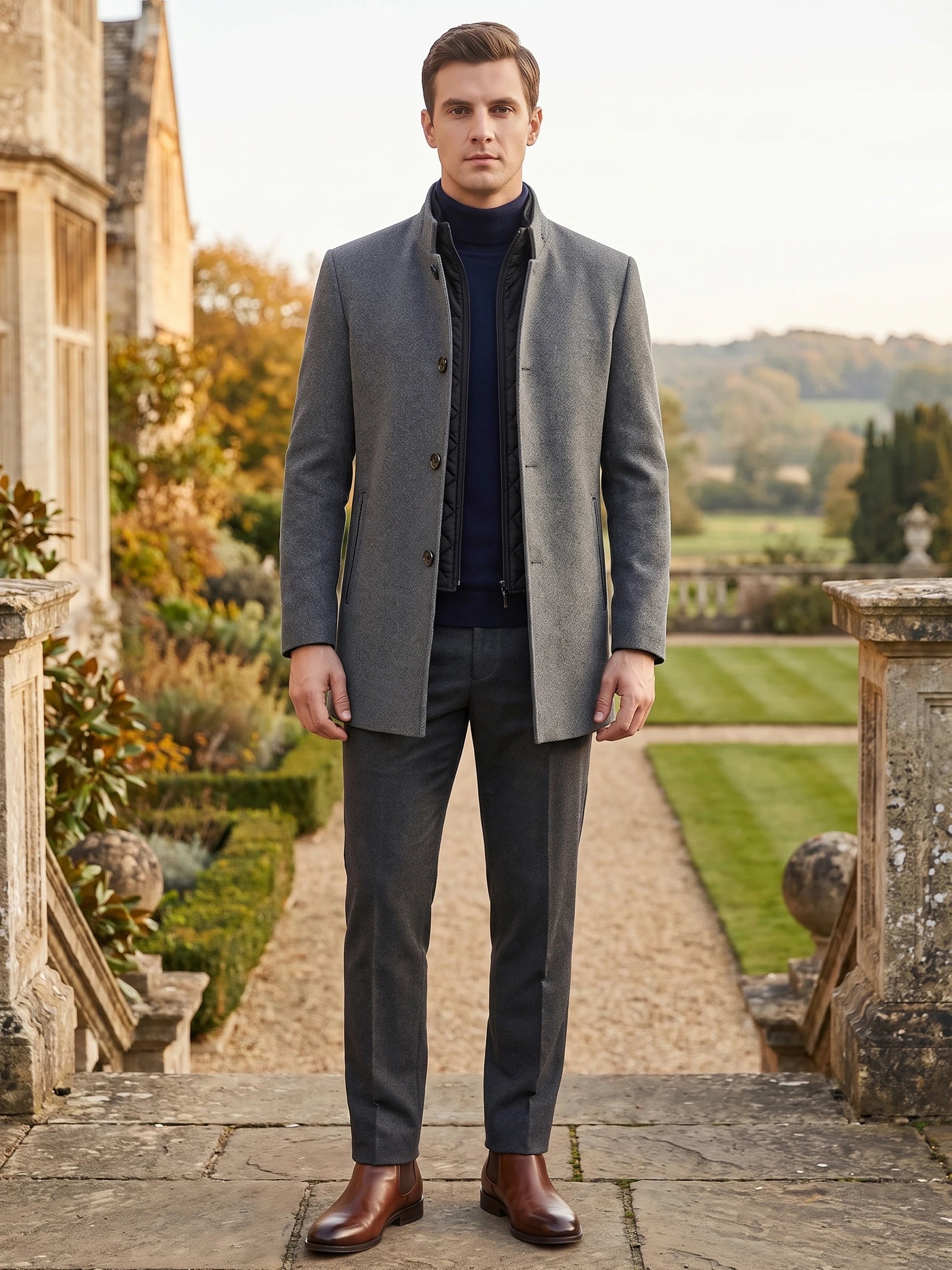 Model wearing a Gray wool overcoat with a stand collar on a stone terrace overlooking a landscaped garden.