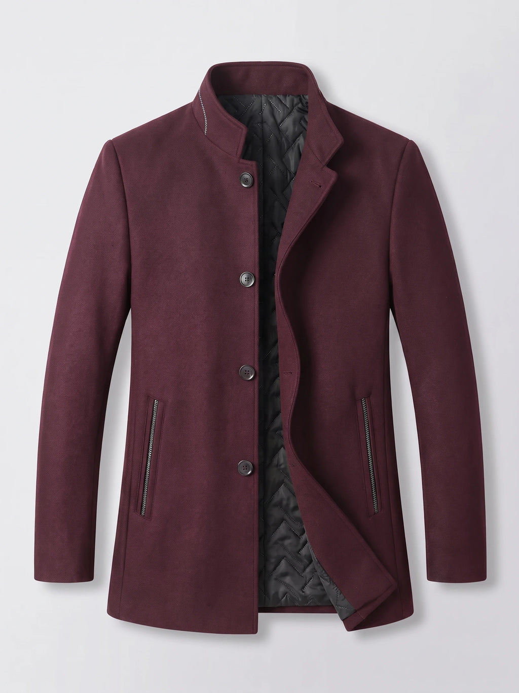 Wine wool overcoat laid flat with a stand collar, button front, zippered pockets, and quilted inner lining.