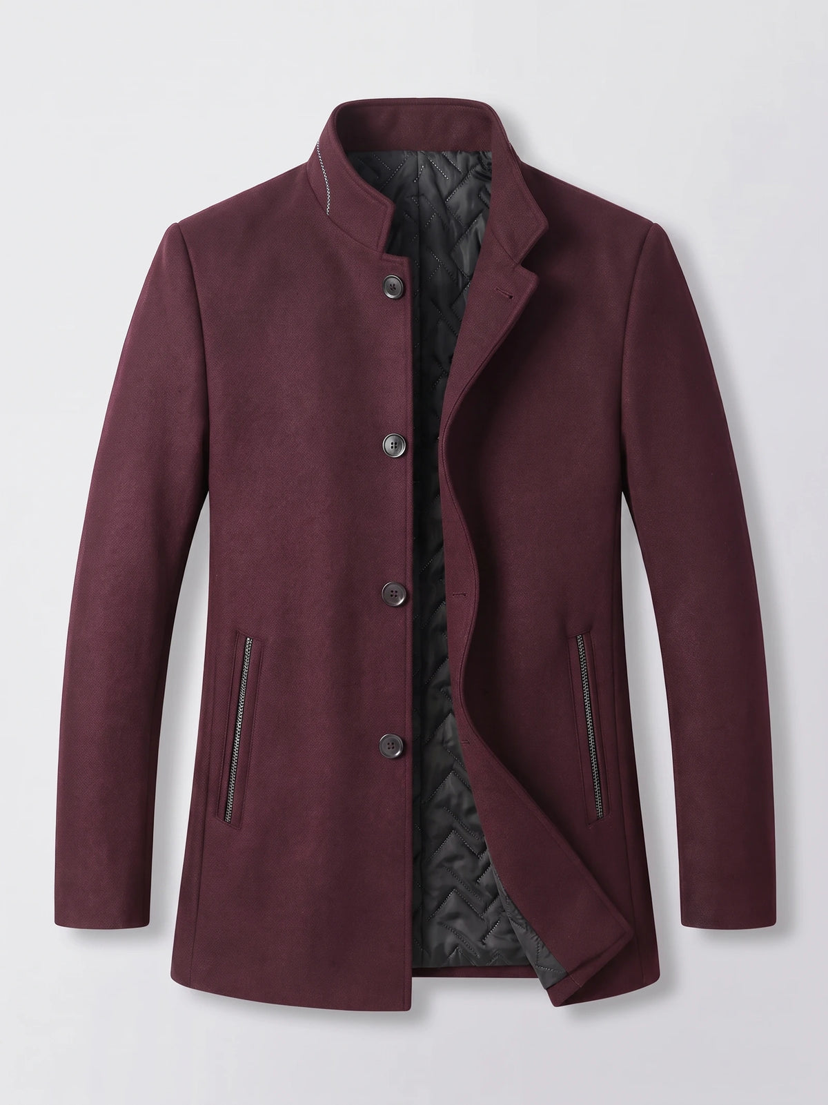Wine wool overcoat laid flat with a stand collar, button front, zippered pockets, and quilted inner lining.
