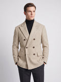 Front studio view of a model wearing a Beige Men Suit Coat with herringbone texture, peaked lapels, and double-breasted button closure.