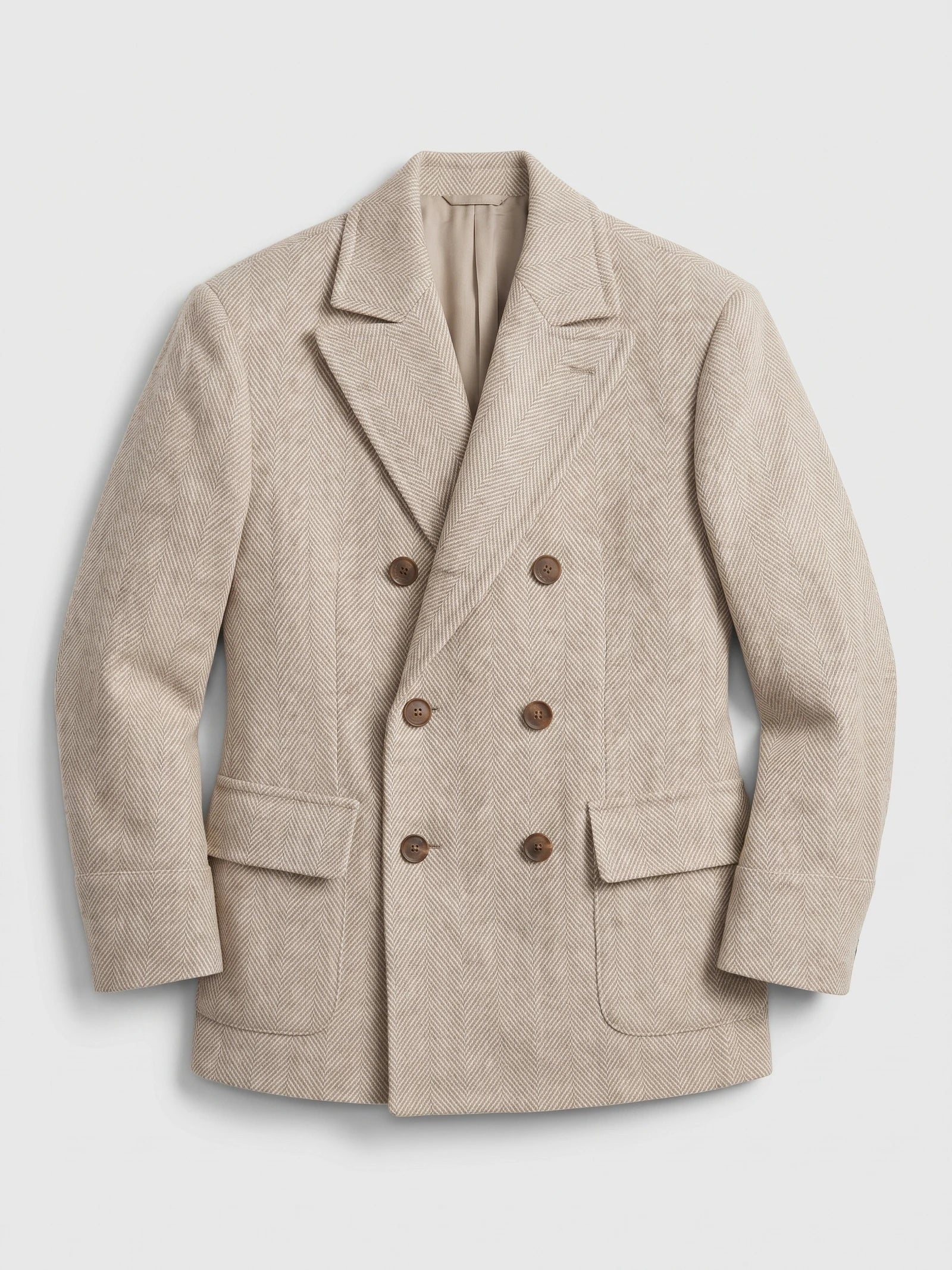 Beige Men Suit Coat laid flat, showing a herringbone weave, notched lapels, six-button double-breasted front, and flap pockets.