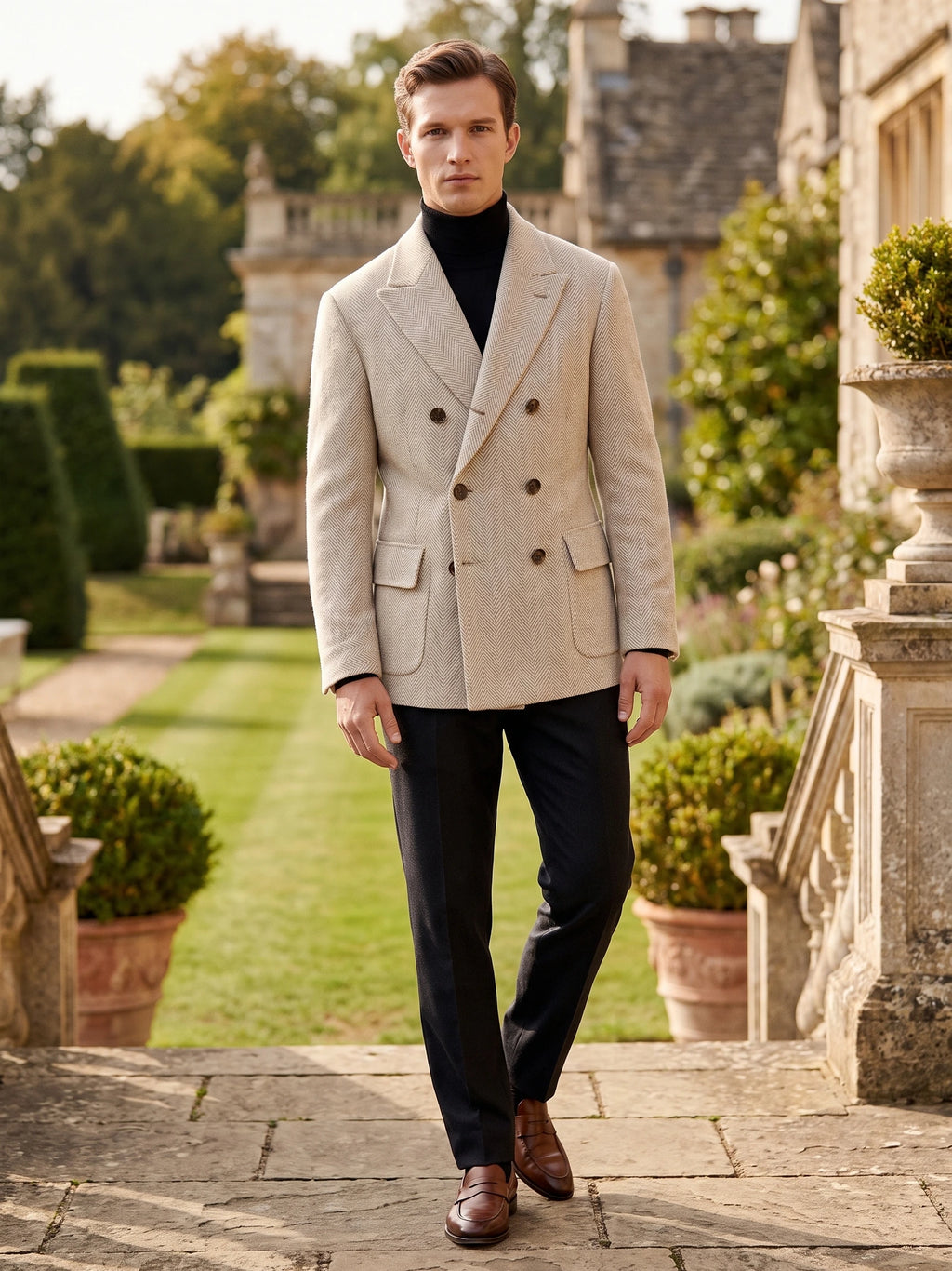 Model wearing a Beige Men Suit Coat with herringbone texture and double-breasted buttons while walking through a landscaped stone courtyard.