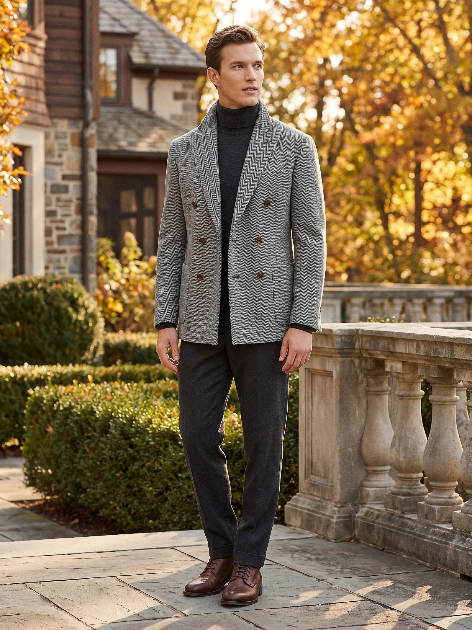 Model wearing a Gray herringbone wool Men Suit Coat with double-breasted buttons on a garden terrace.