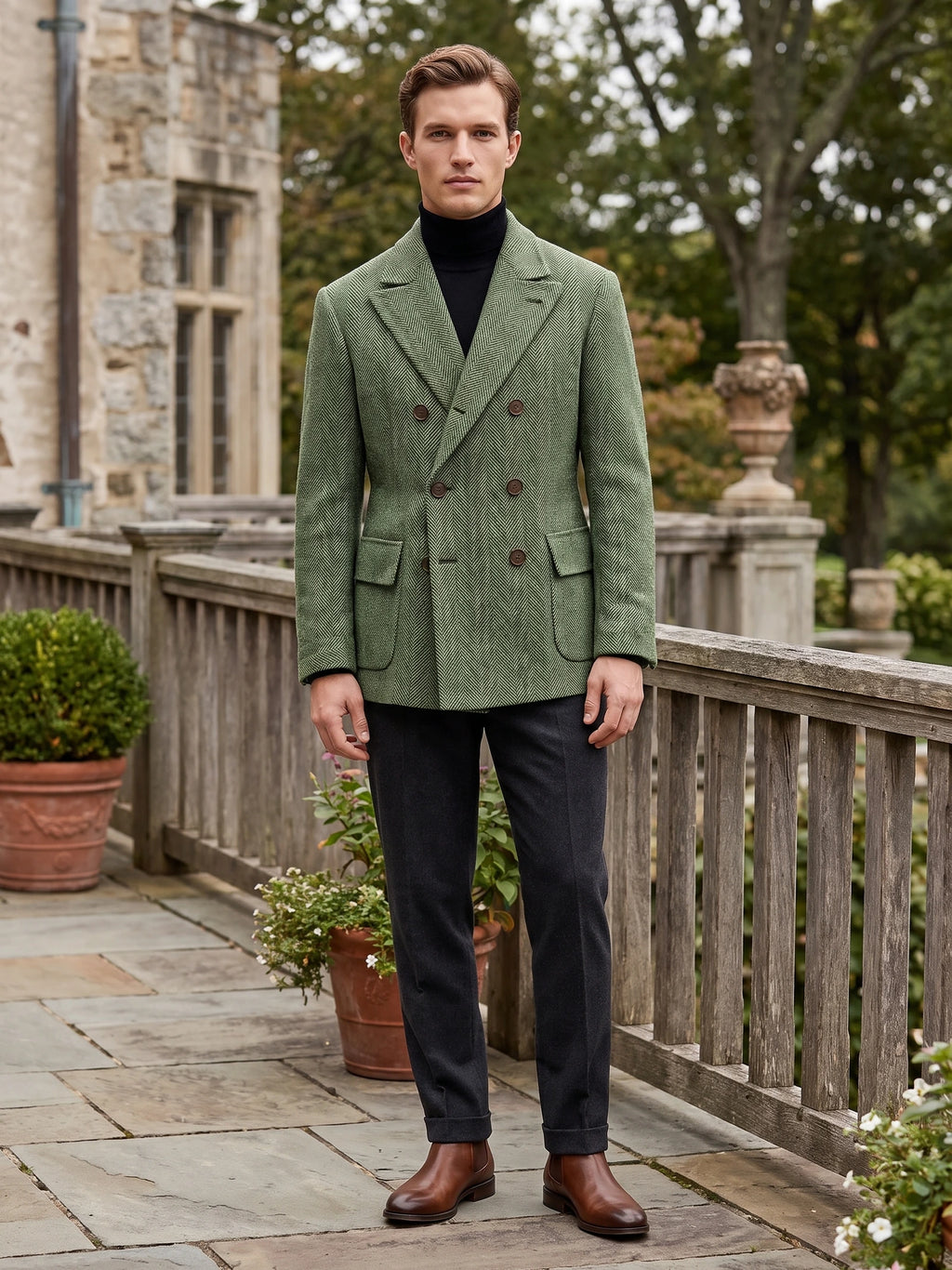 Model wearing a Green herringbone wool double-breasted Men Suit Coat on a stone terrace beside a historic building.