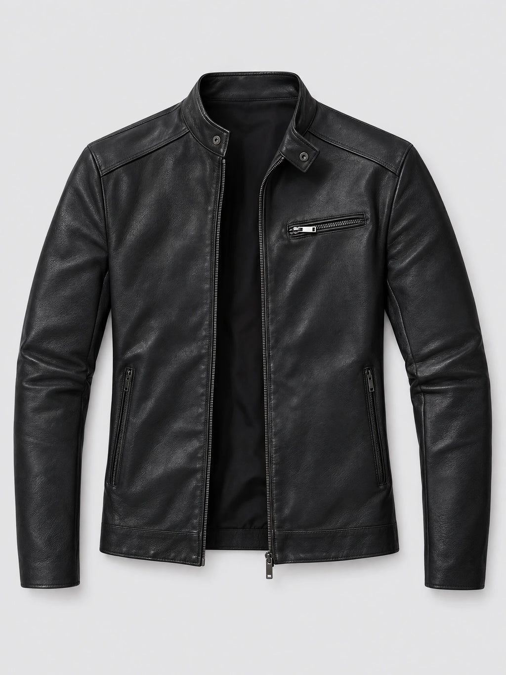 Black tailored leather jacket laid flat, featuring a stand collar, front zip closure, and zippered chest and side pockets.