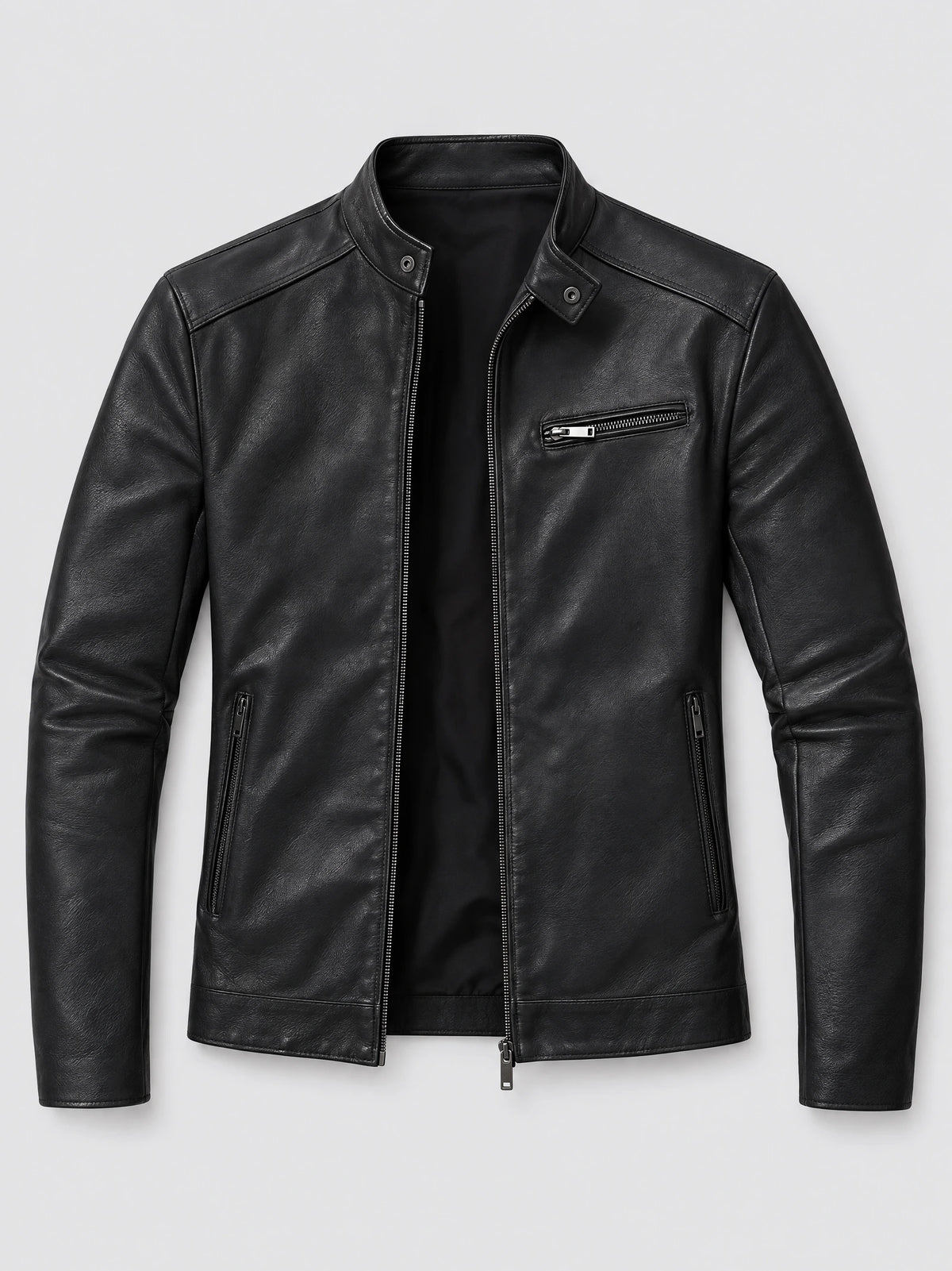 Black tailored leather jacket laid flat, featuring a stand collar, front zip closure, and zippered chest and side pockets.