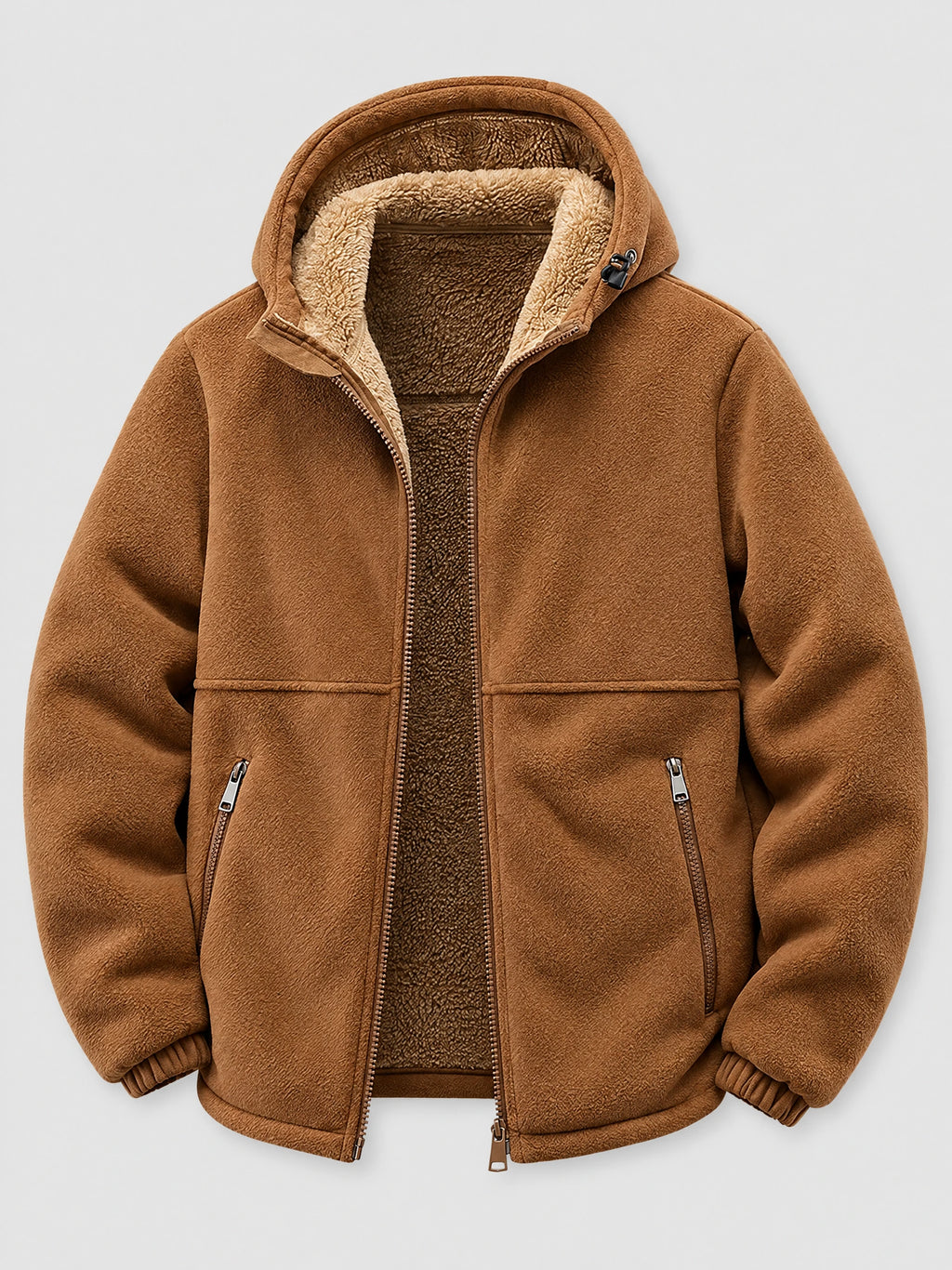 Brown teddy jacket laid flat with a hood, front zipper, plush lining, and zippered pockets.