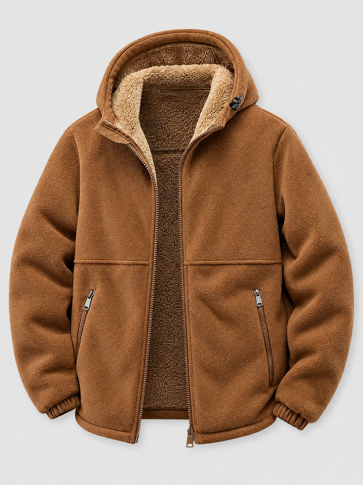 Brown teddy jacket laid flat with a hood, front zipper, plush lining, and zippered pockets.