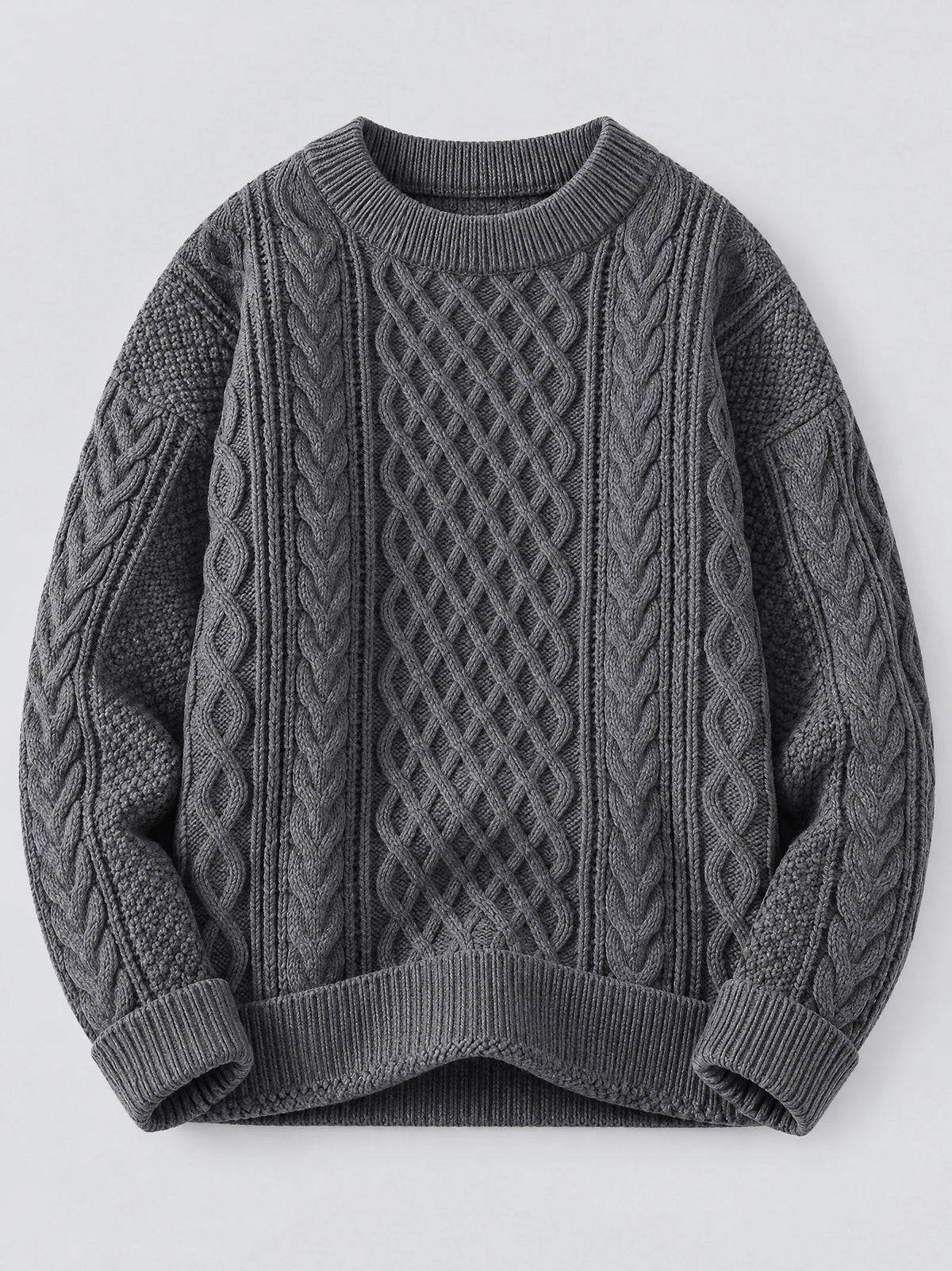 Charcoal men’s thick sweater laid flat, featuring an O-neck, ribbed trim, and textured cable-knit pattern.