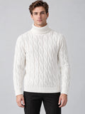 Front studio view of a model wearing a White cotton Turtle Neck Sweater with a cable-knit pattern and ribbed collar, cuffs, and hem.