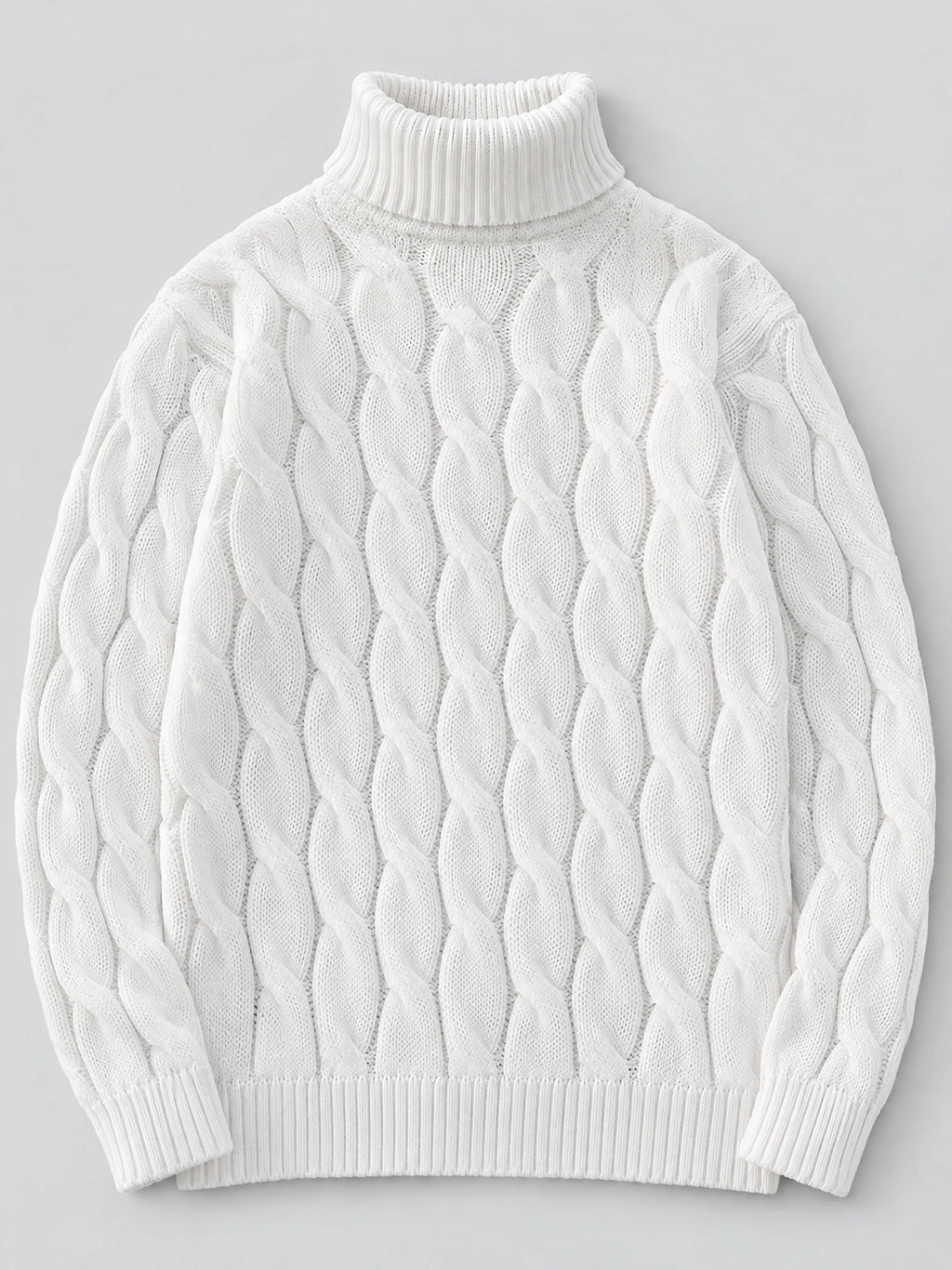 White men's Turtle Neck Sweater laid flat, featuring a ribbed high collar and chunky cable-knit pattern.