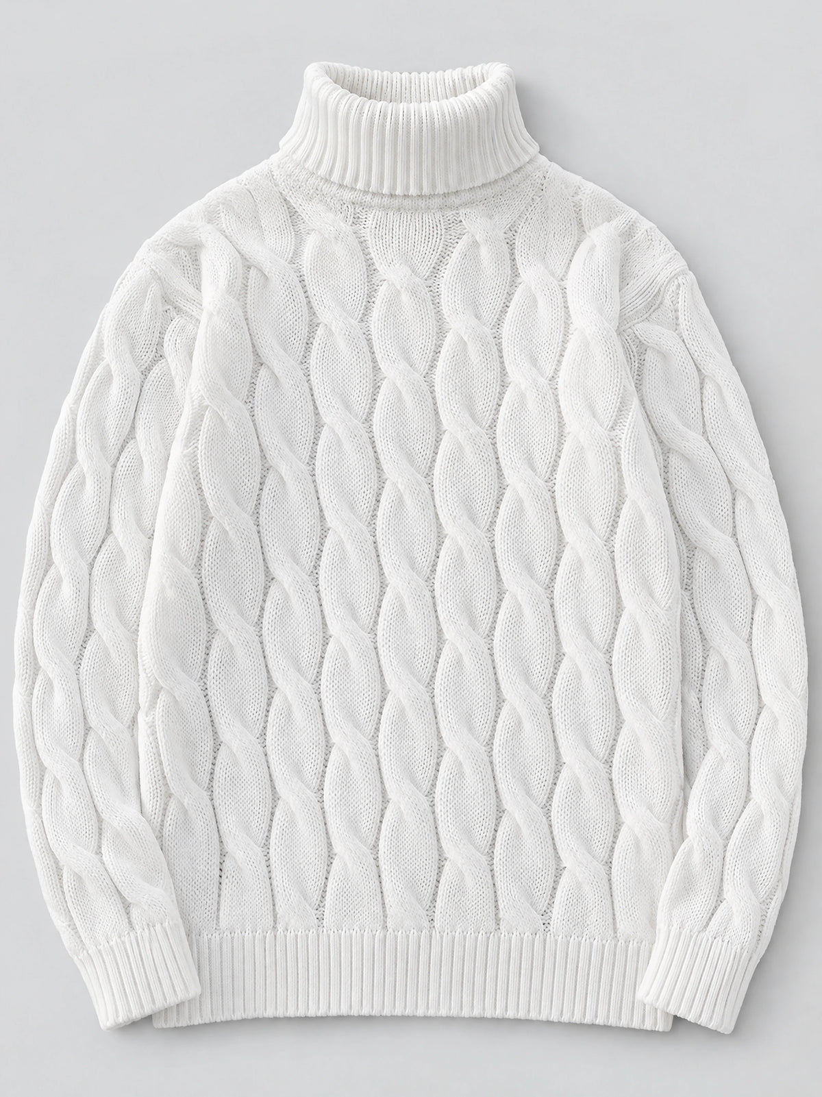 White men's Turtle Neck Sweater laid flat, featuring a ribbed high collar and chunky cable-knit pattern.