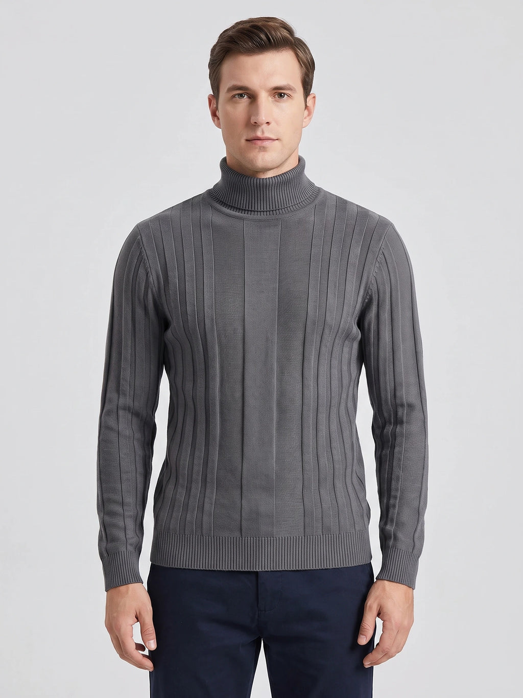 Front studio view of a model wearing a Gray cotton Turtleneck Sweater with vertical ribbed stripes.