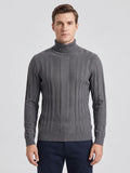 Front studio view of a model wearing a Gray cotton Turtleneck Sweater with vertical ribbed stripes.