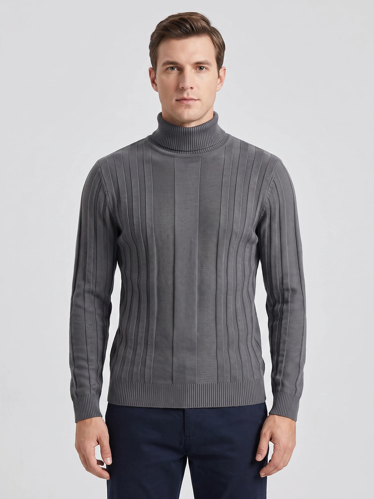 Front studio view of a model wearing a Gray cotton Turtleneck Sweater with vertical ribbed stripes.