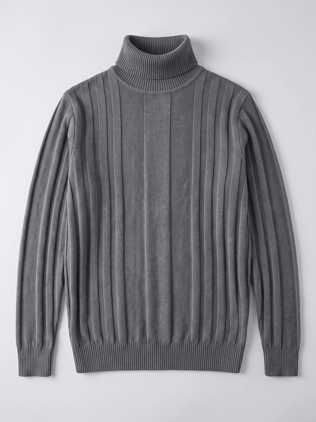 Gray cotton Turtleneck Sweater laid flat, featuring vertical ribbed stripes and rib-knit cuffs and hem.