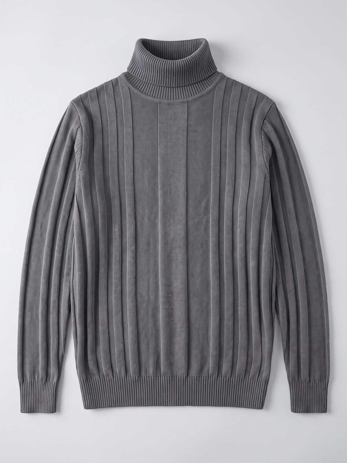 Gray cotton Turtleneck Sweater laid flat, featuring vertical ribbed stripes and rib-knit cuffs and hem.