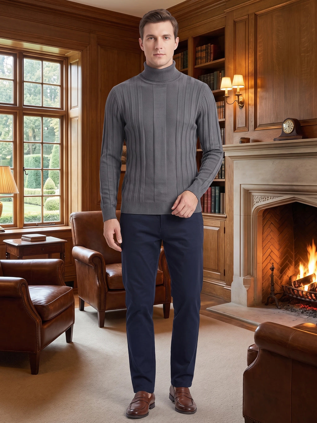 Model wearing a Gray cotton turtleneck sweater with vertical ribbed stripes in a wood-paneled room beside a lit fireplace.